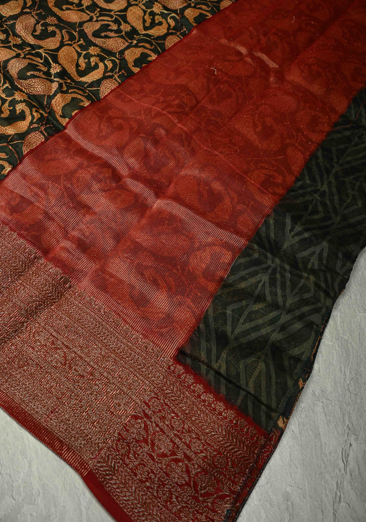 Deep Green Chanderi Silk Cotton Saree with Peacock Block Print and Zari Border