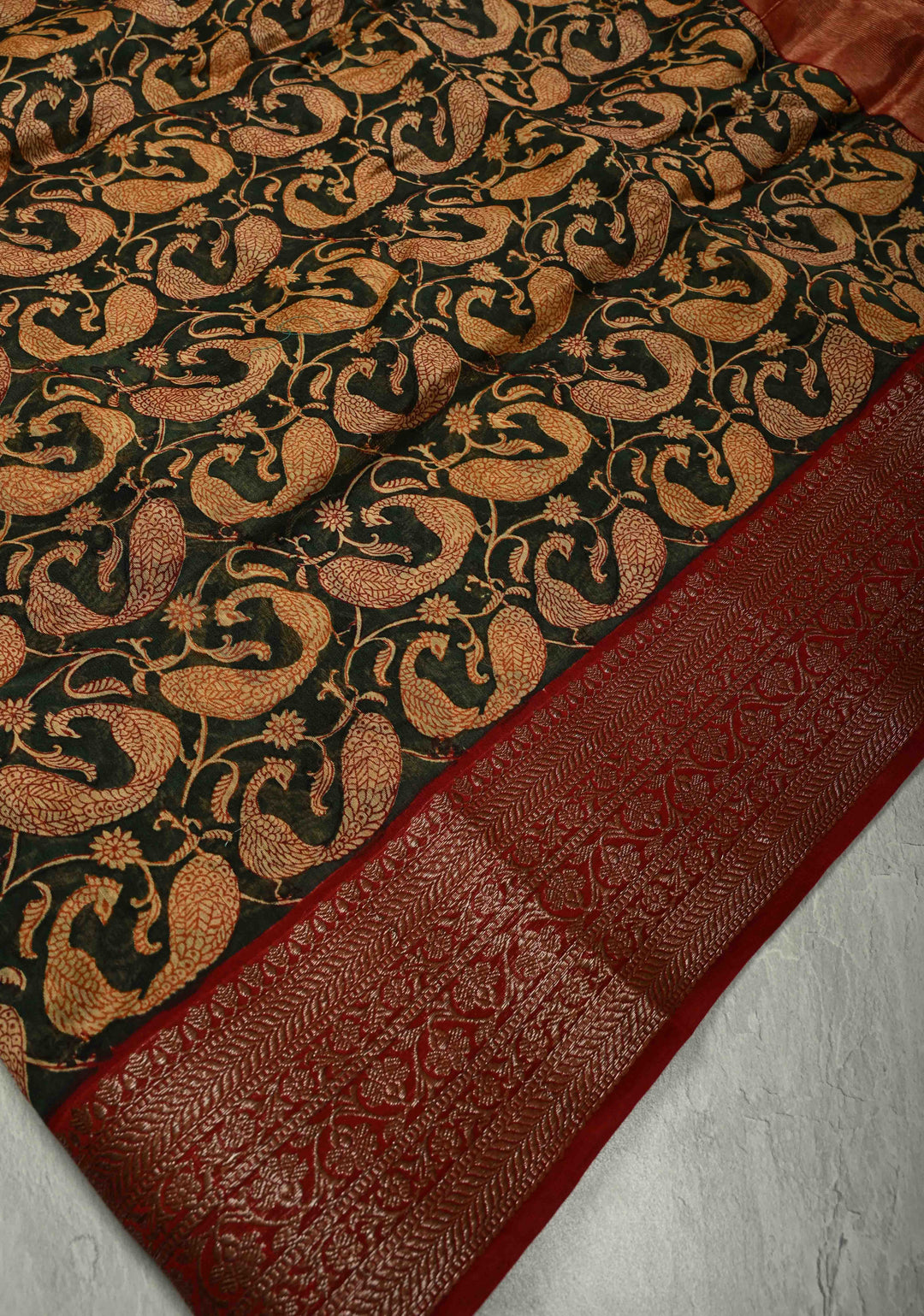 Deep Green Chanderi Silk Cotton Saree with Peacock Block Print and Zari Border