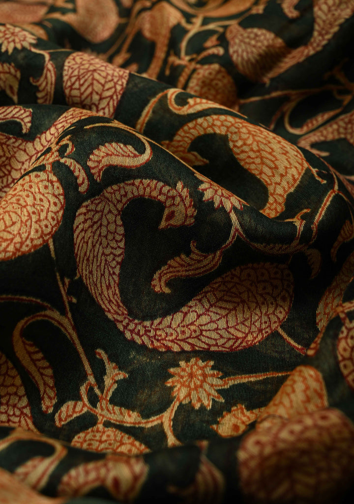 Deep Green Chanderi Silk Cotton Saree with Peacock Block Print and Zari Border