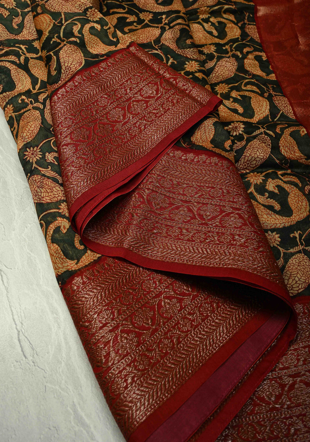 Deep Green Chanderi Silk Cotton Saree with Peacock Block Print and Zari Border