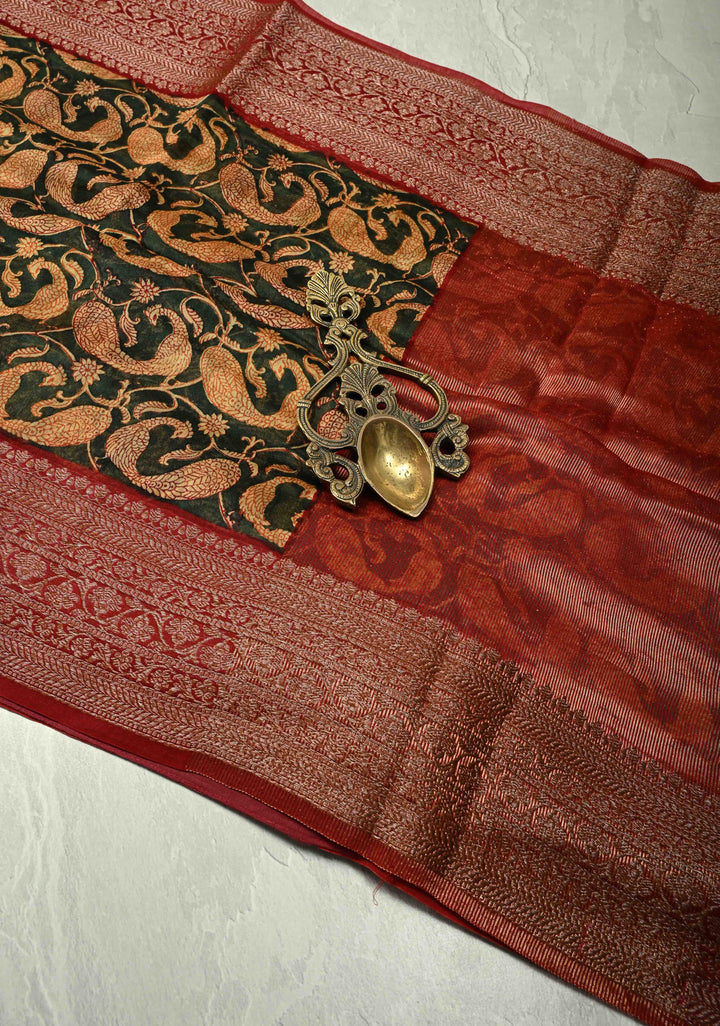 Deep Green Chanderi Silk Cotton Saree with Peacock Block Print and Zari Border