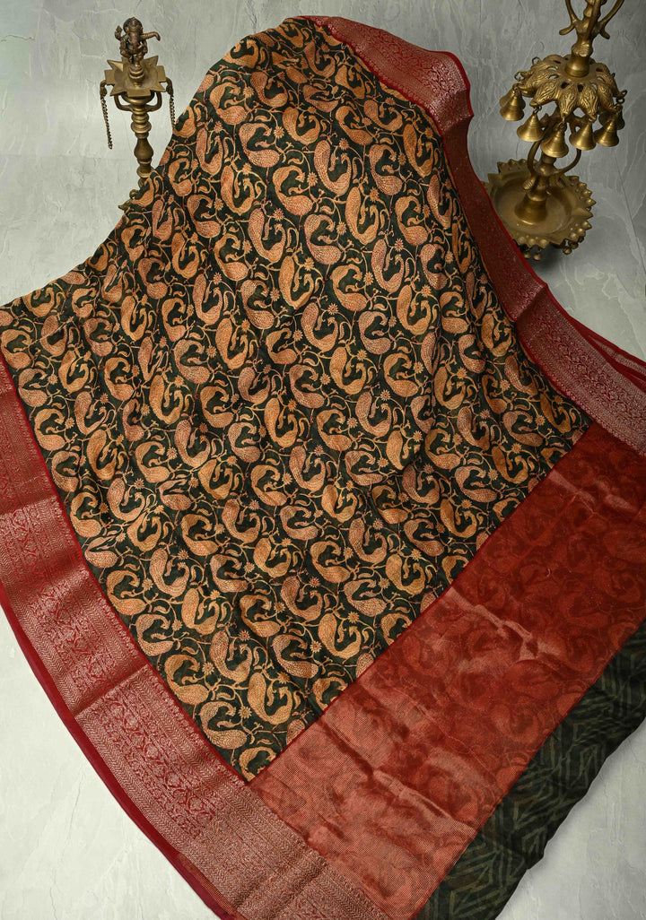 Deep Green Chanderi Silk Cotton Saree with Peacock Block Print and Zari Border