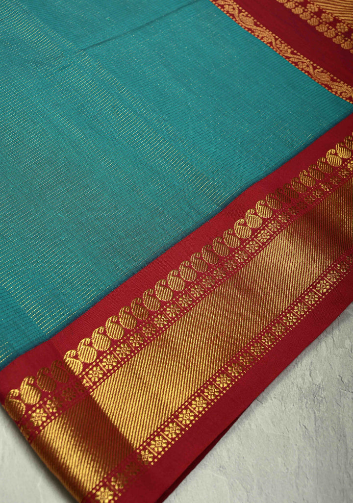 Peacock Green Silk Cotton Handloom Saree with Vairaoosi Zari Stripes and Contrast Zari Border | SHOBITAM