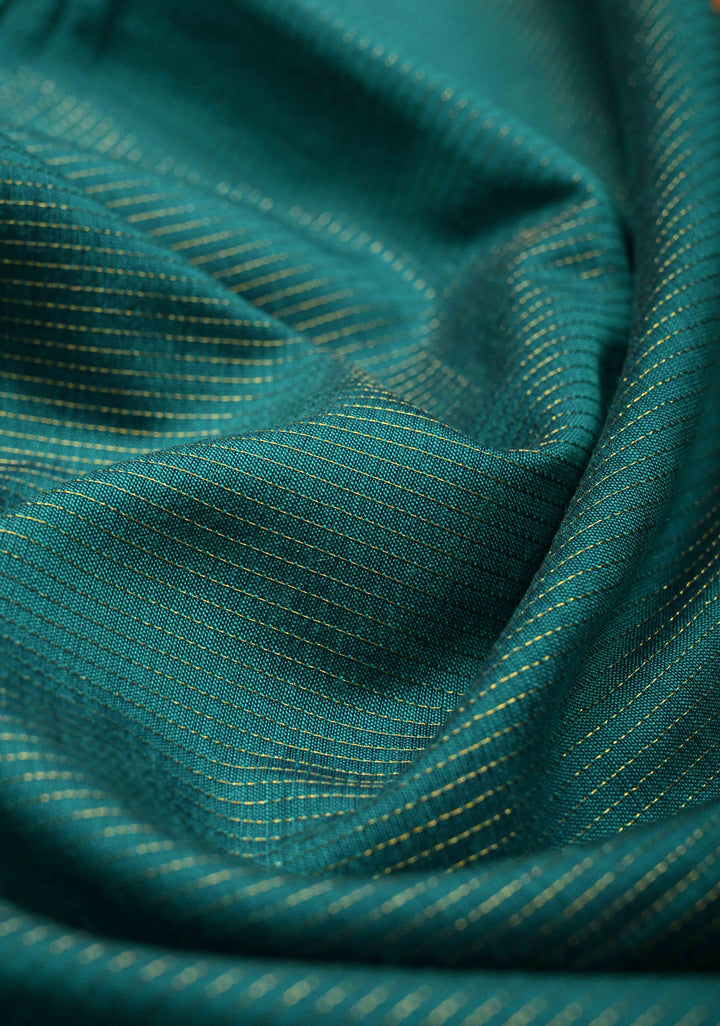Peacock Green Silk Cotton Handloom Saree with Vairaoosi Zari Stripes and Contrast Zari Border | SHOBITAM