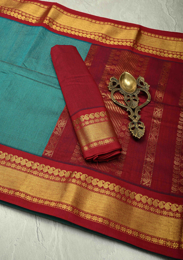 Peacock Green Silk Cotton Handloom Saree with Vairaoosi Zari Stripes and Contrast Zari Border | SHOBITAM
