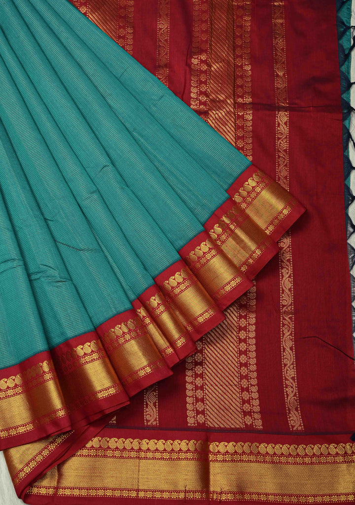 Peacock Green Silk Cotton Handloom Saree with Vairaoosi Zari Stripes and Contrast Zari Border | SHOBITAM