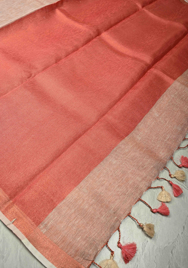 Blush-Copper Tissue Linen Saree with Zari Buttis and Tissue Minimal Border