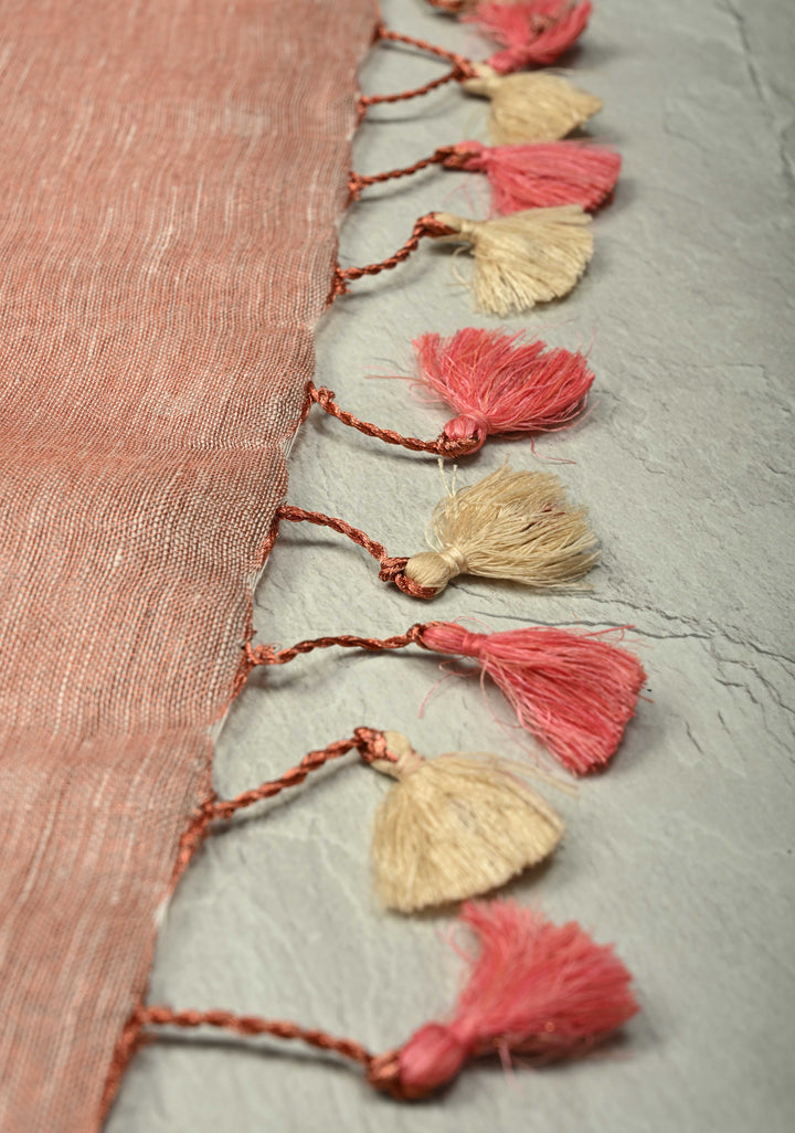 Blush-Copper Tissue Linen Saree with Zari Buttis and Tissue Minimal Border