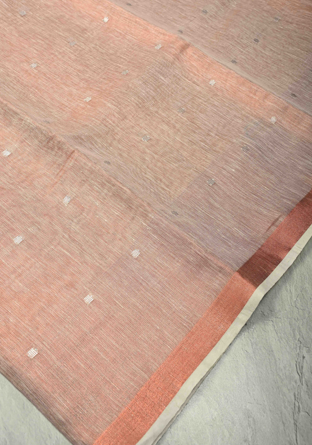 Blush-Copper Tissue Linen Saree with Zari Buttis and Tissue Minimal Border