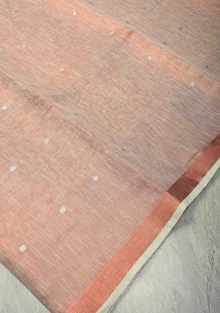 Blush-Copper Tissue Linen Saree with Zari Buttis and Tissue Minimal Border