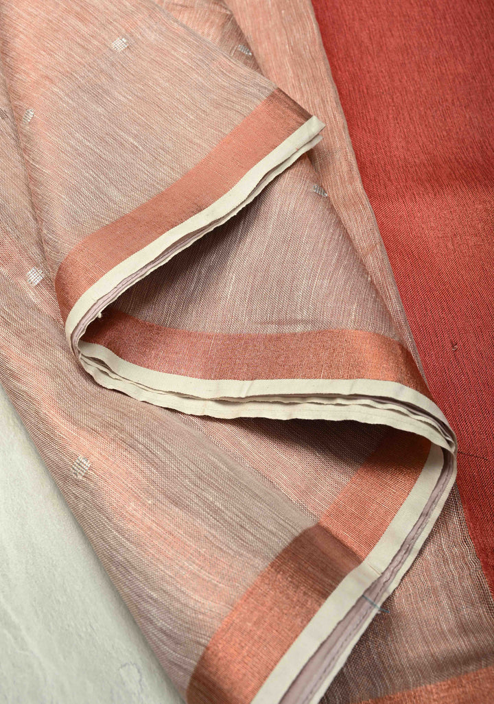 Blush-Copper Tissue Linen Saree with Zari Buttis and Tissue Minimal Border