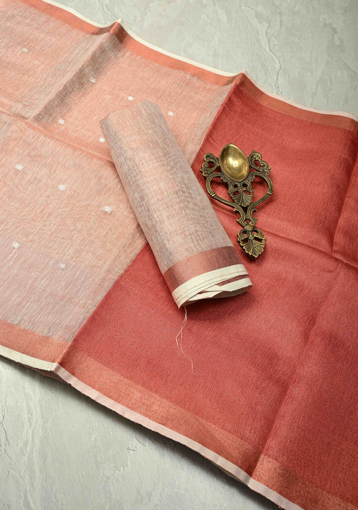 Blush-Copper Tissue Linen Saree with Zari Buttis and Tissue Minimal Border