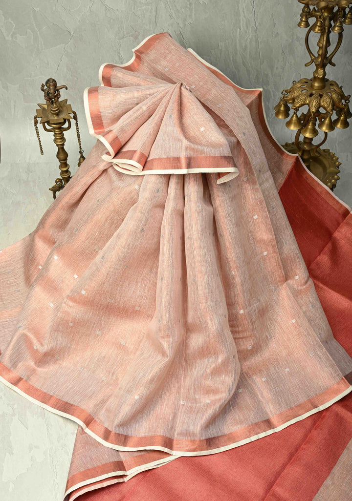Blush-Copper Tissue Linen Saree with Zari Buttis and Tissue Minimal Border