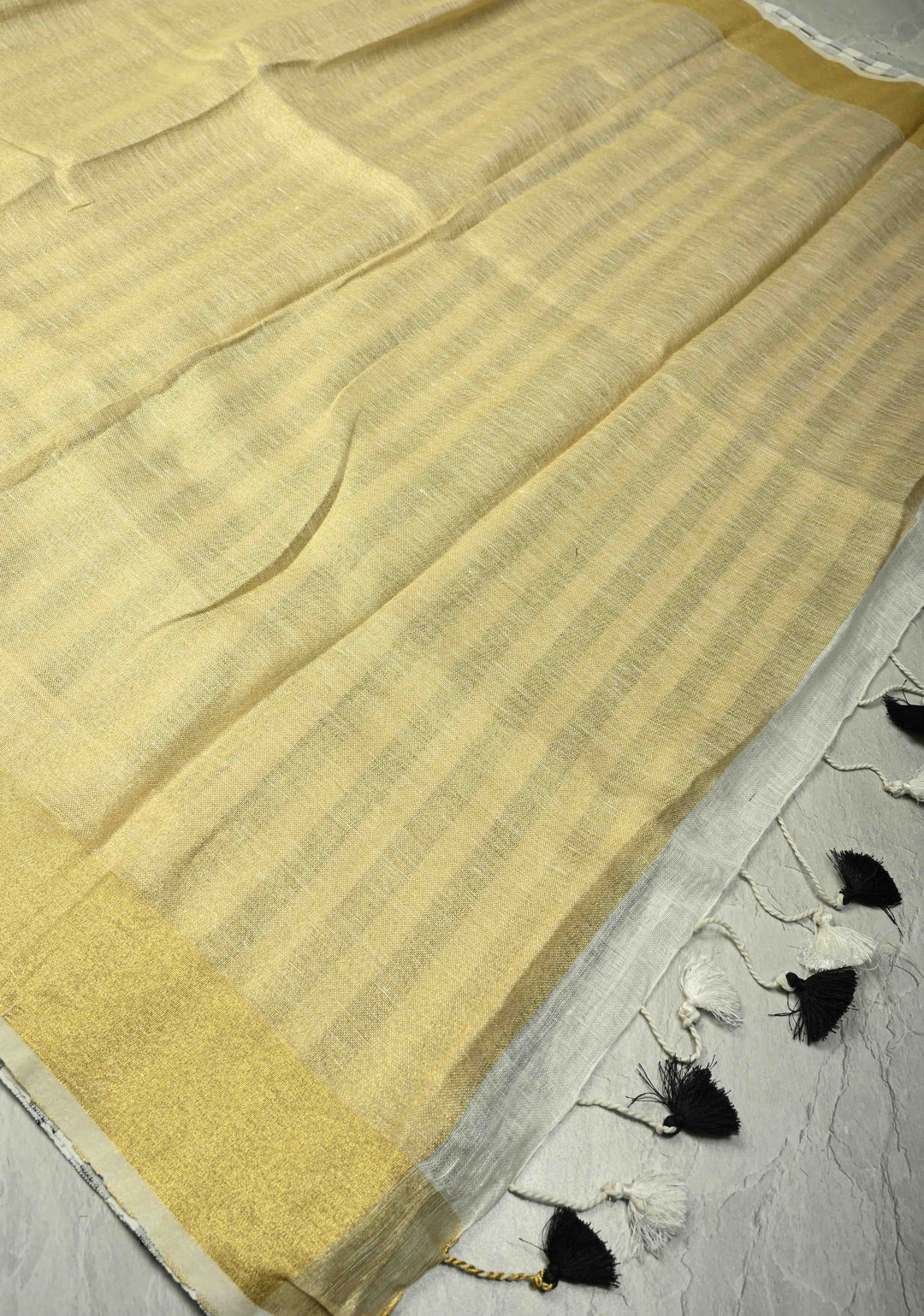 Black-White Linen Saree with Vertical Stripes and Tissue Zari Border