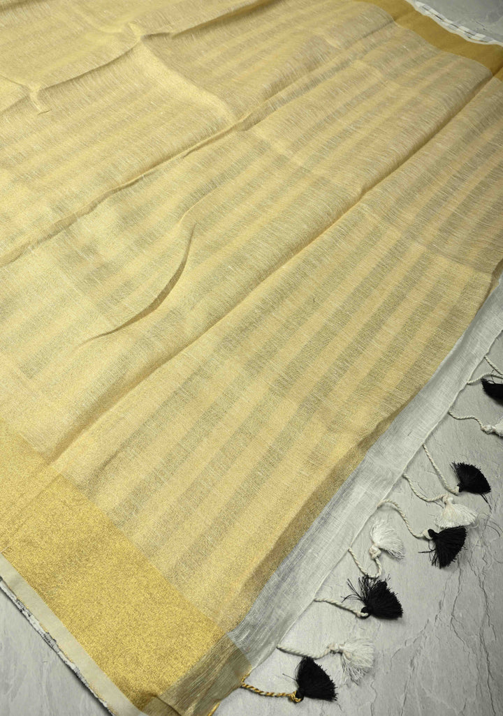 Black-White Linen Saree with Vertical Stripes and Tissue Zari Border