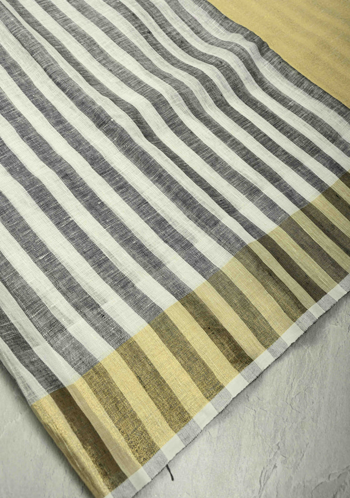 Black-White Linen Saree with Vertical Stripes and Tissue Zari Border