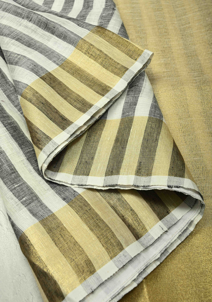 Black-White Linen Saree with Vertical Stripes and Tissue Zari Border