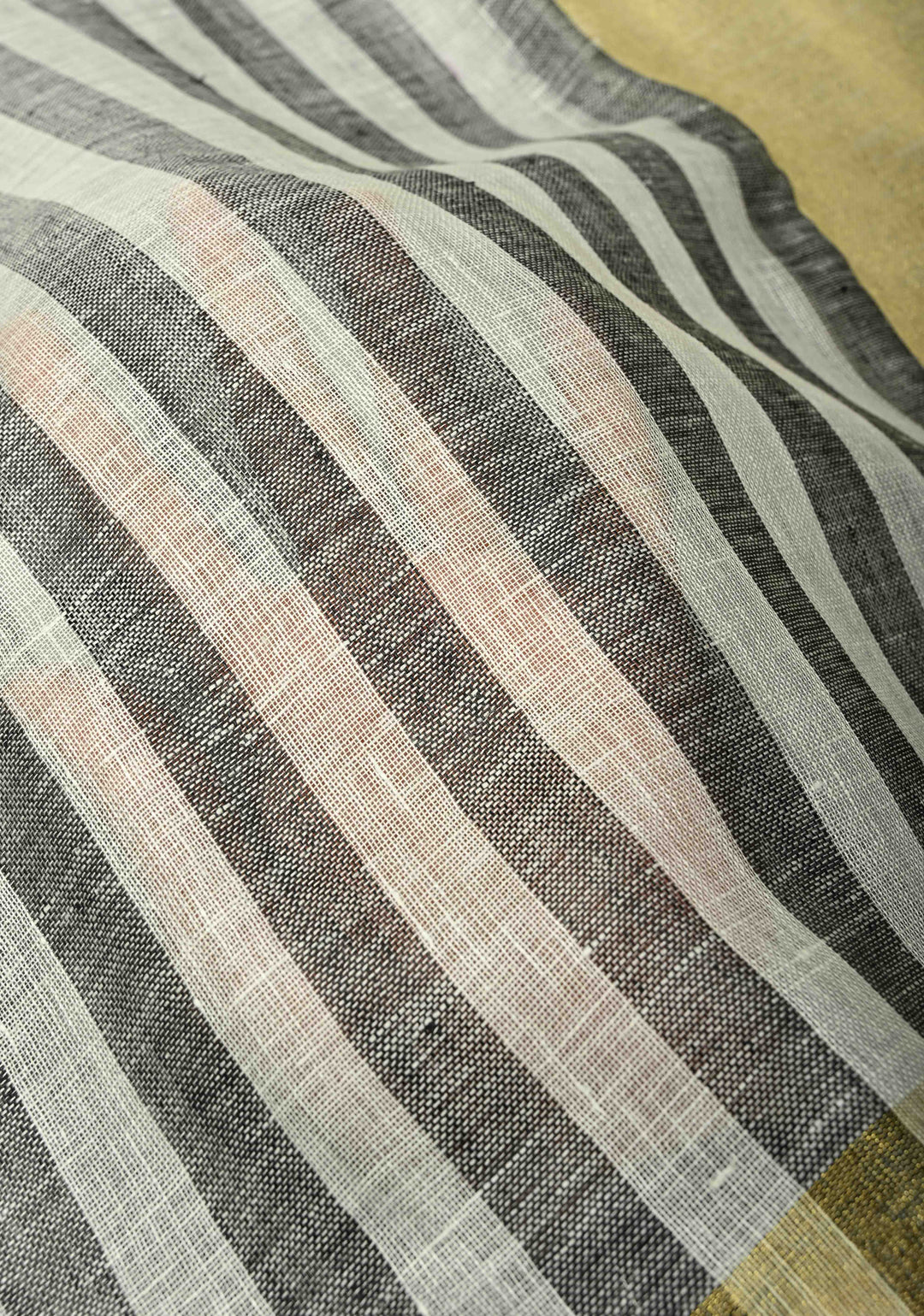 Black-White Linen Saree with Vertical Stripes and Tissue Zari Border