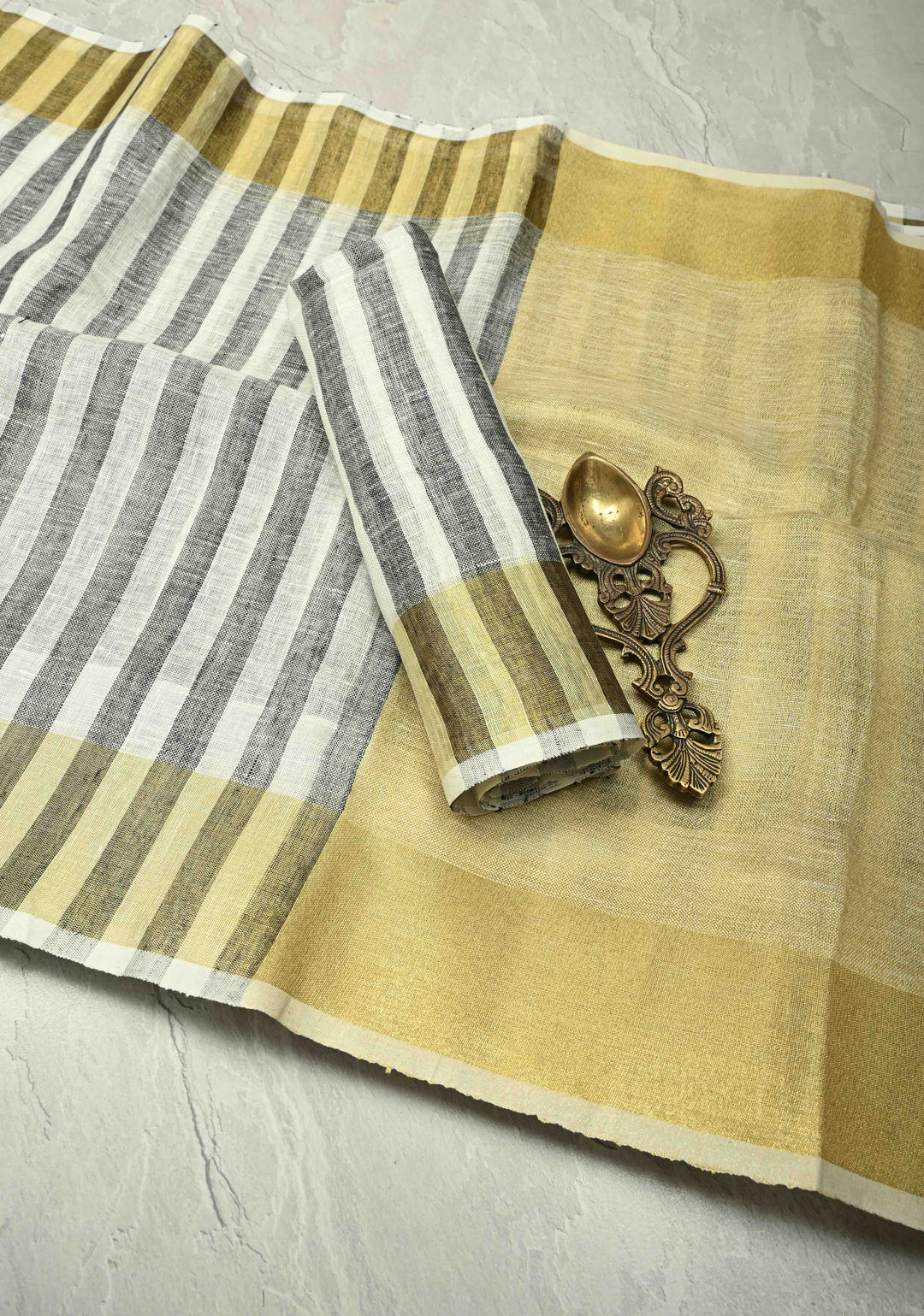 Black-White Linen Saree with Vertical Stripes and Tissue Zari Border