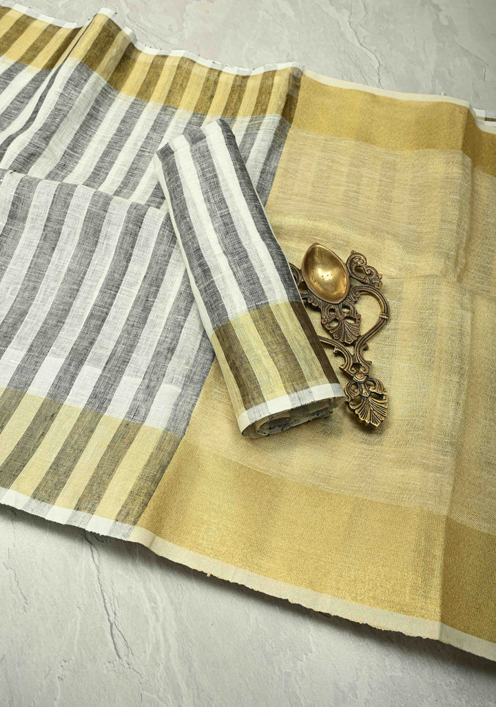 Black-White Linen Saree with Vertical Stripes and Tissue Zari Border