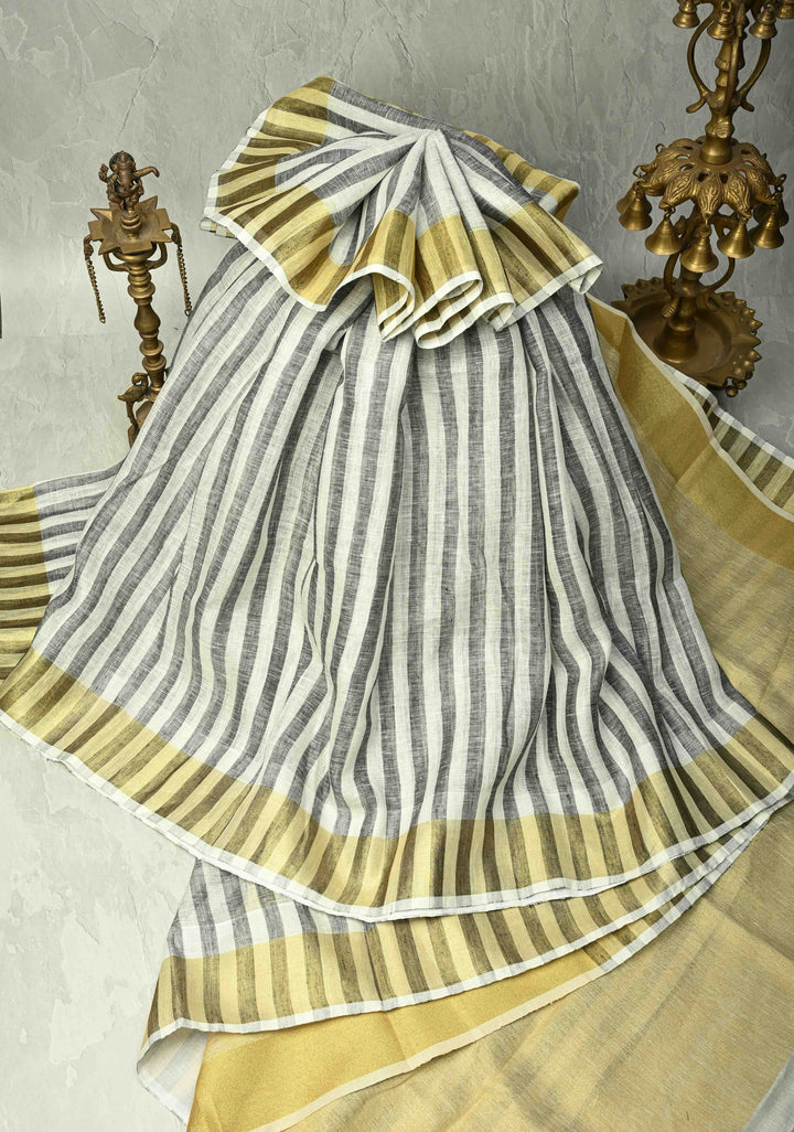 Black-White Linen Saree with Vertical Stripes and Tissue Zari Border