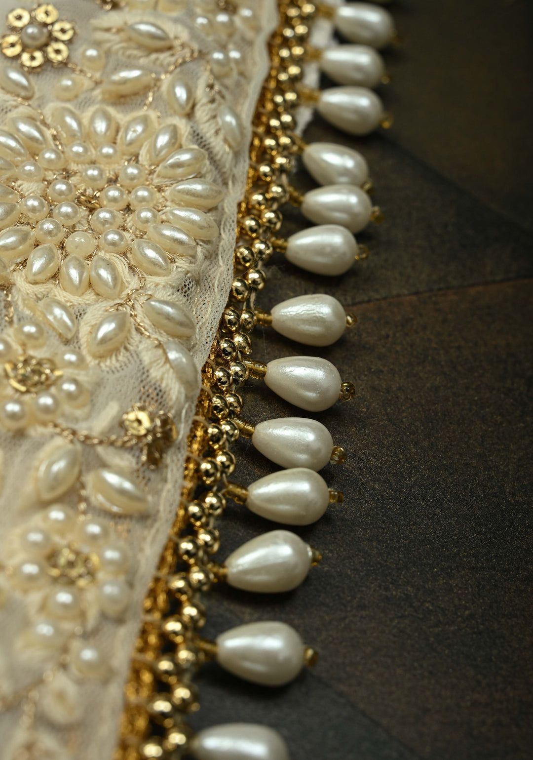 off White Hand Chikankari and Mukiesh Full Jaal Handwork on Pure Georgette Saree with Sequins,Pearls and Satin trim finish