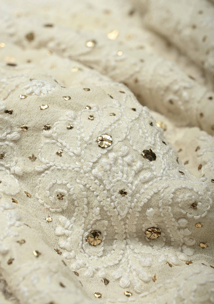 off White Hand Chikankari and Mukiesh Full Jaal Handwork on Pure Georgette Saree with Sequins,Pearls and Satin trim finish
