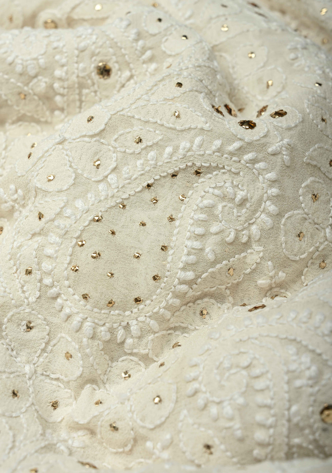 off White Hand Chikankari and Mukiesh Full Jaal Handwork on Pure Georgette Saree with Sequins,Pearls and Satin trim finish