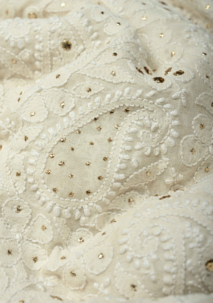 off White Hand Chikankari and Mukiesh Full Jaal Handwork on Pure Georgette Saree with Sequins,Pearls and Satin trim finish
