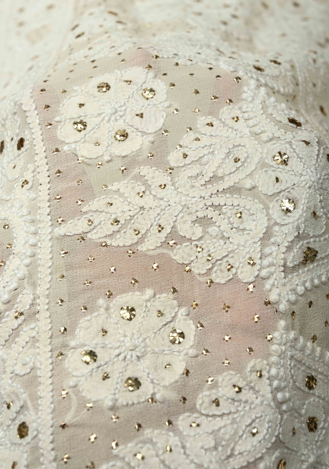 off White Hand Chikankari and Mukiesh Full Jaal Handwork on Pure Georgette Saree with Sequins,Pearls and Satin trim finish