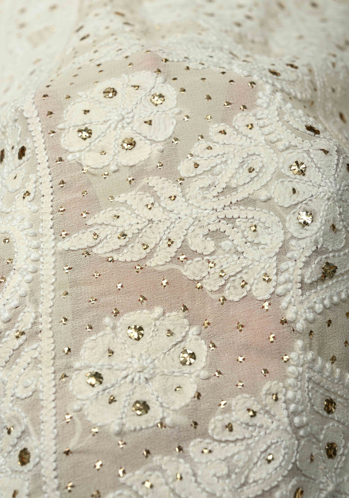 off White Hand Chikankari and Mukiesh Full Jaal Handwork on Pure Georgette Saree with Sequins,Pearls and Satin trim finish