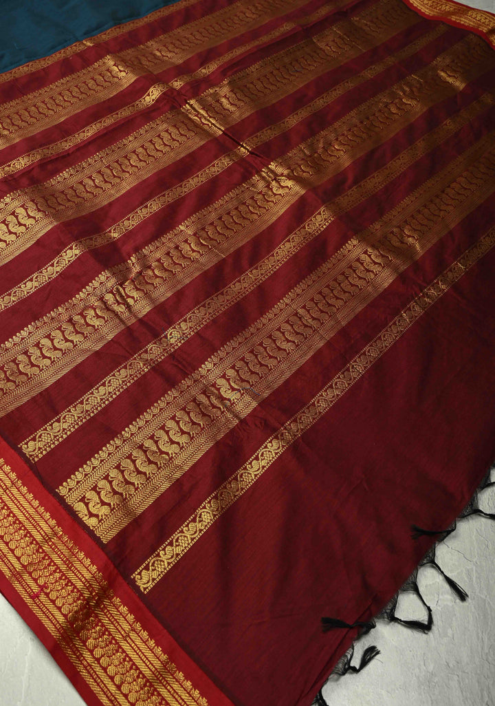 Navy Blue Silk Cotton Handloom Saree with Contrast Zari Border