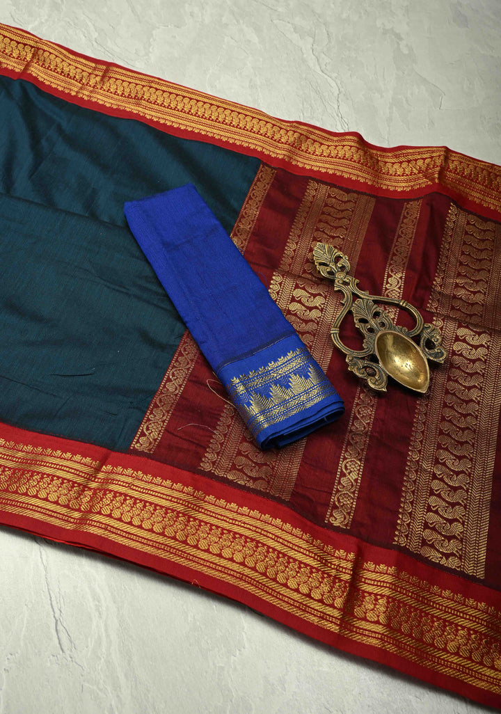 Navy Blue Silk Cotton Handloom Saree with Contrast Zari Border