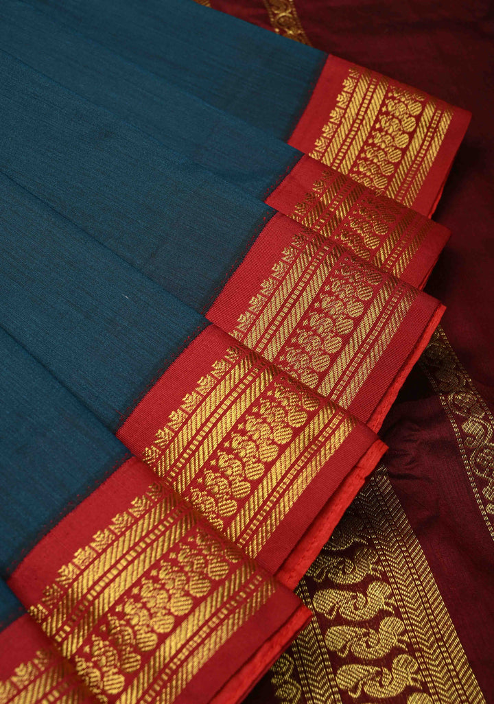 Navy Blue Silk Cotton Handloom Saree with Contrast Zari Border
