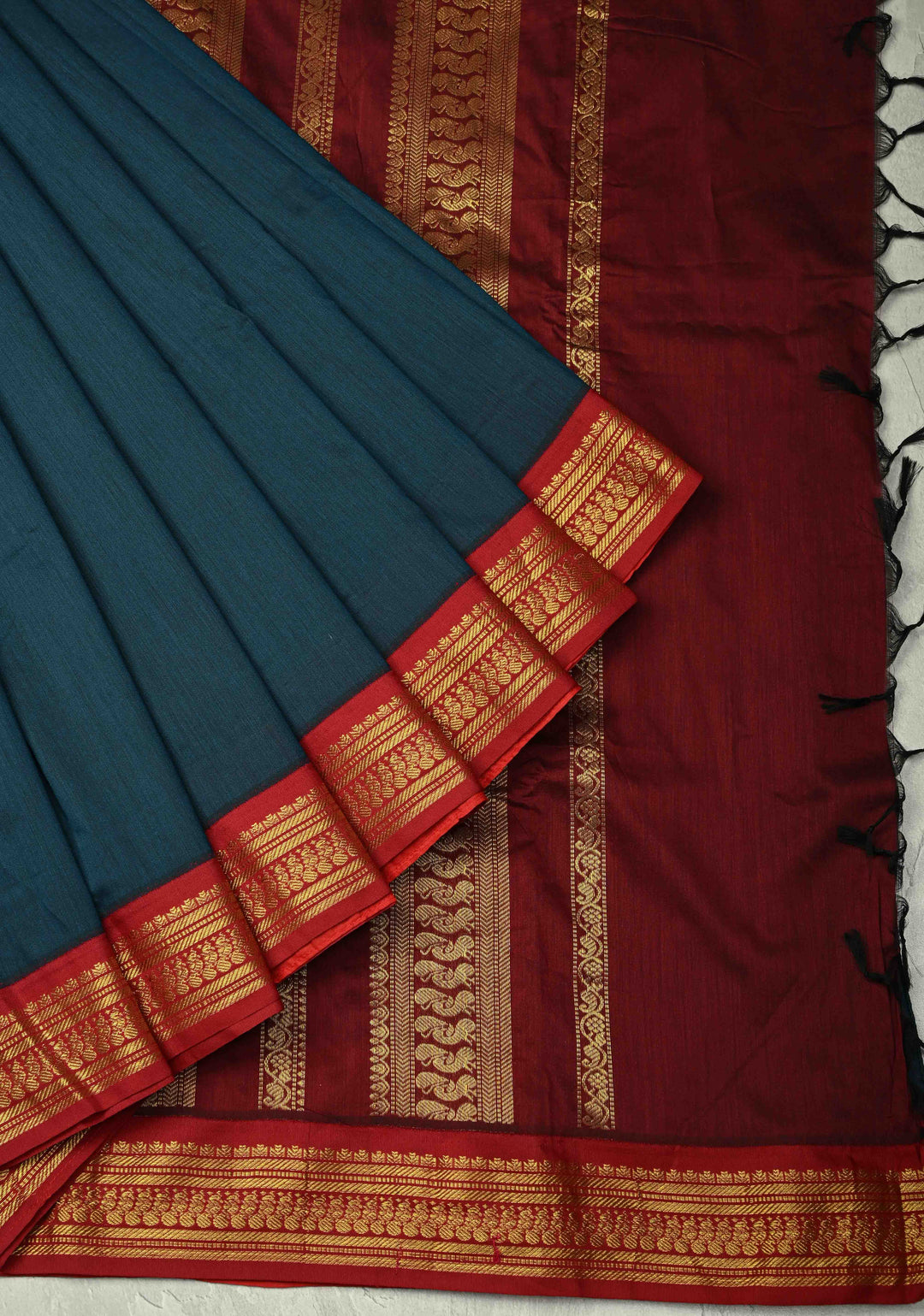 Navy Blue Silk Cotton Handloom Saree with Contrast Zari Border