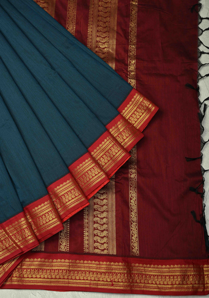Navy Blue Silk Cotton Handloom Saree with Contrast Zari Border