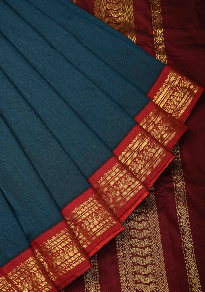 Navy Blue Silk Cotton Handloom Saree with Contrast Zari Border