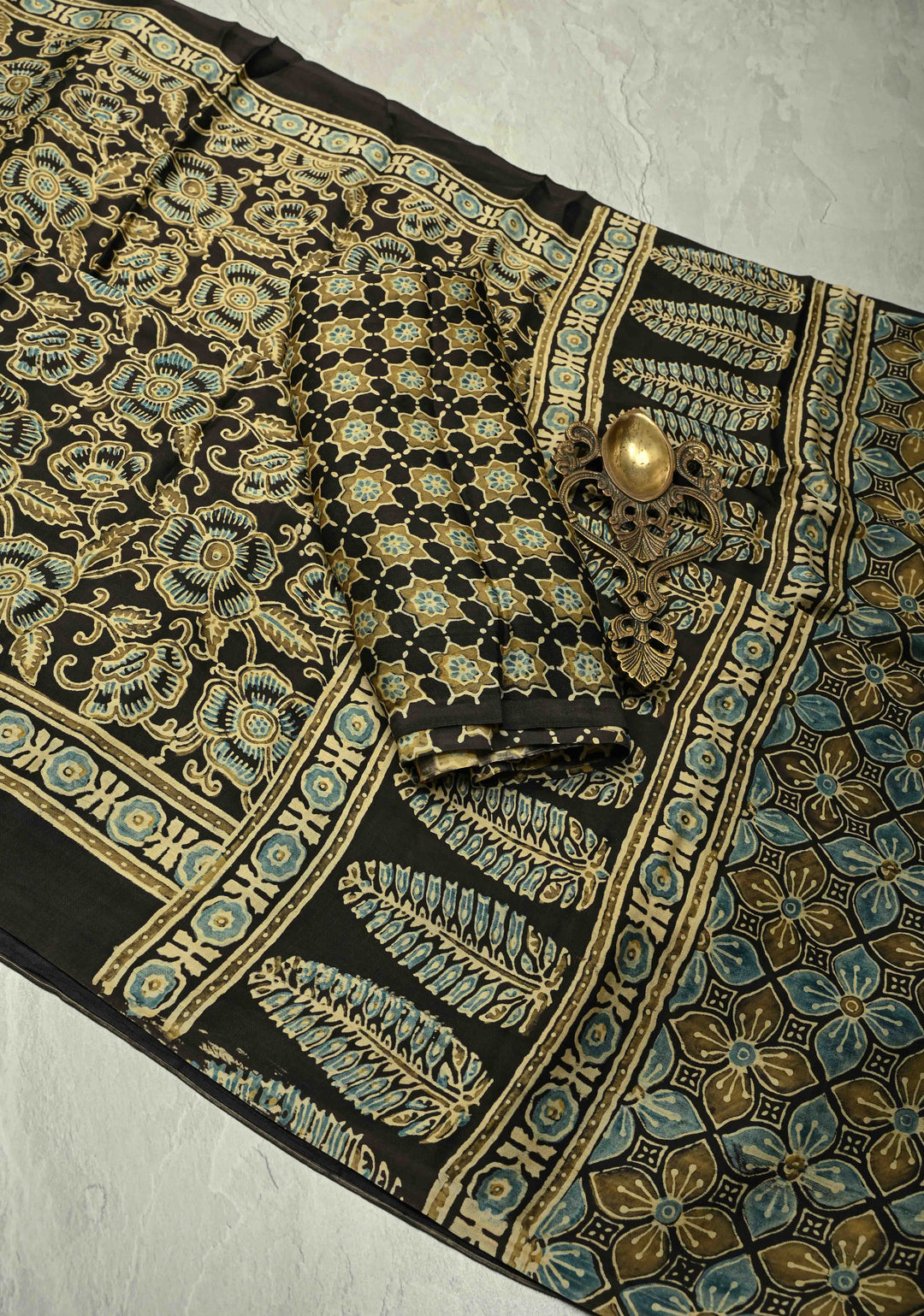 Black Modal Silk Saree with Ajrakh Hand Block Print and Crushed Pallu