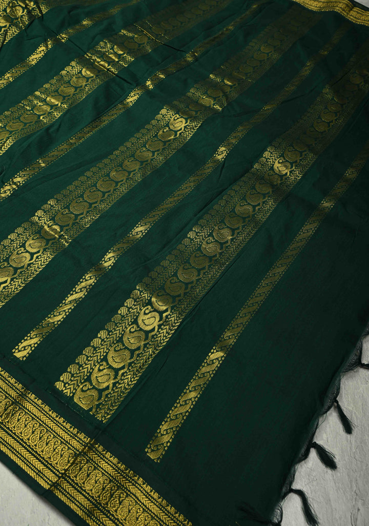 9 Yards Purple Cotton Silk Saree with Contrast Green Zari Borders, No Blouse Piece