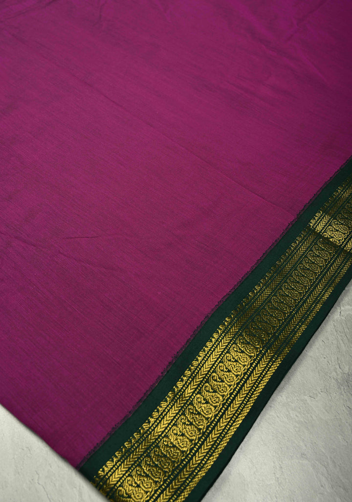9 Yards Purple Cotton Silk Saree with Contrast Green Zari Borders, No Blouse Piece