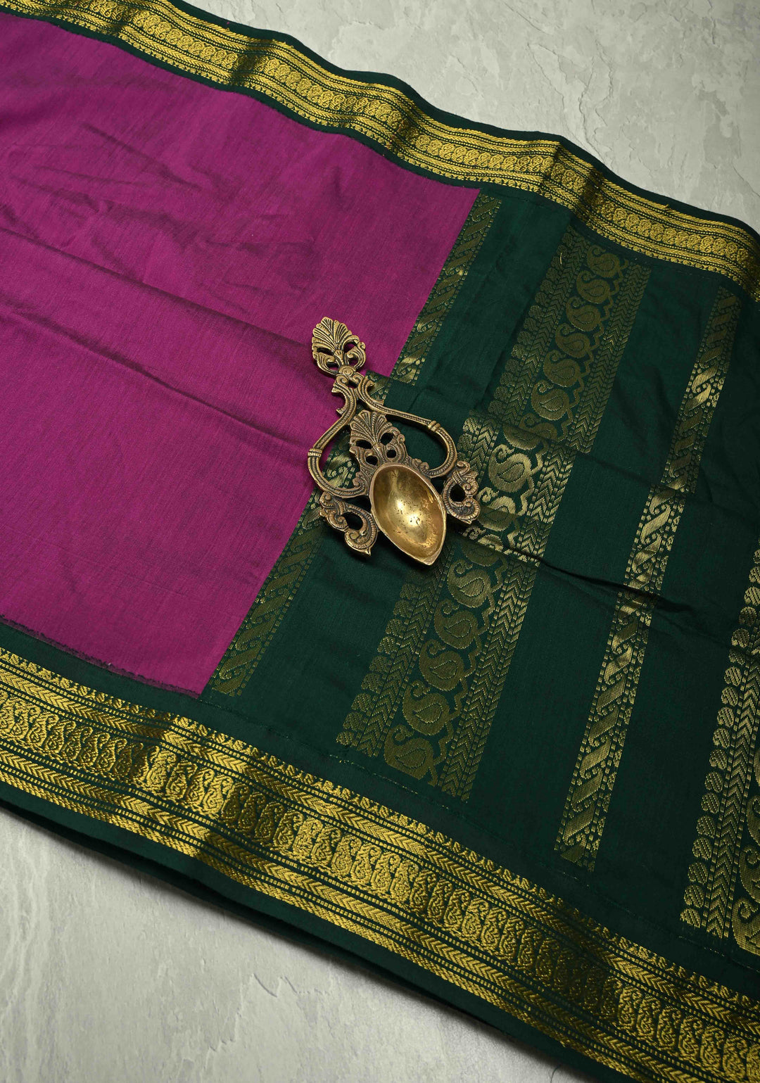 9 Yards Purple Cotton Silk Saree with Contrast Green Zari Borders, No Blouse Piece