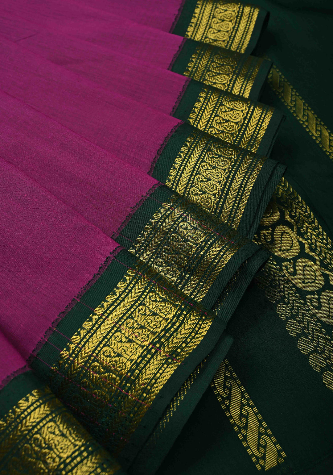 9 Yards Purple Cotton Silk Saree with Contrast Green Zari Borders, No Blouse Piece