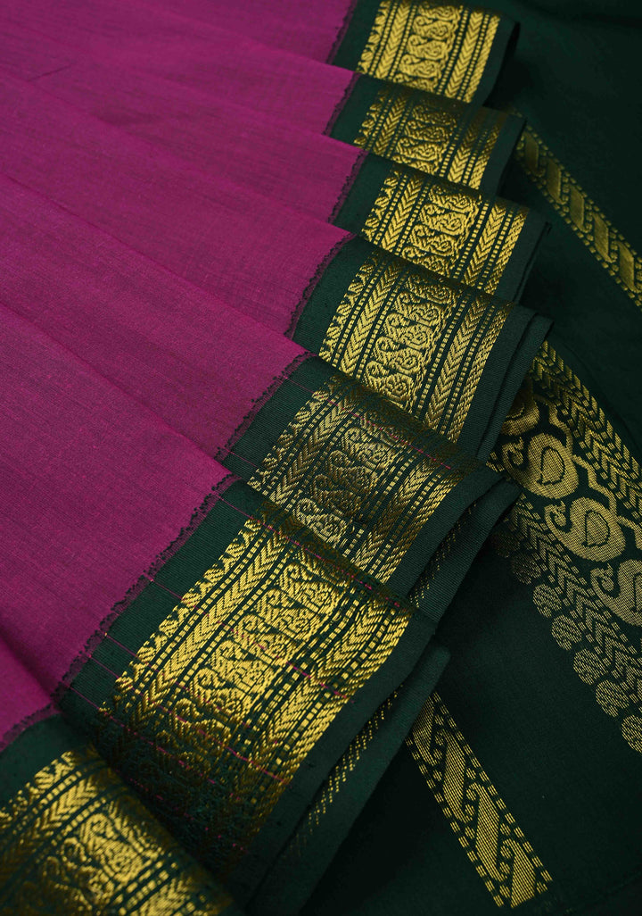 9 Yards Purple Cotton Silk Saree with Contrast Green Zari Borders, No Blouse Piece