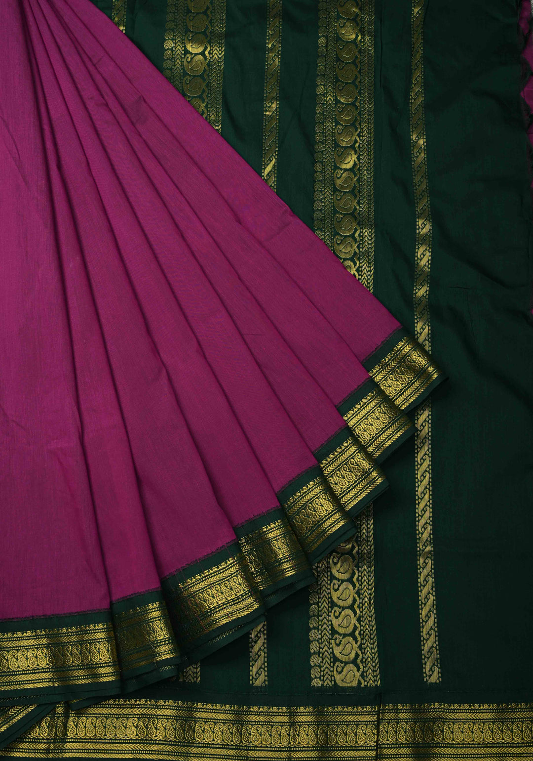9 Yards Purple Cotton Silk Saree with Contrast Green Zari Borders, No Blouse Piece