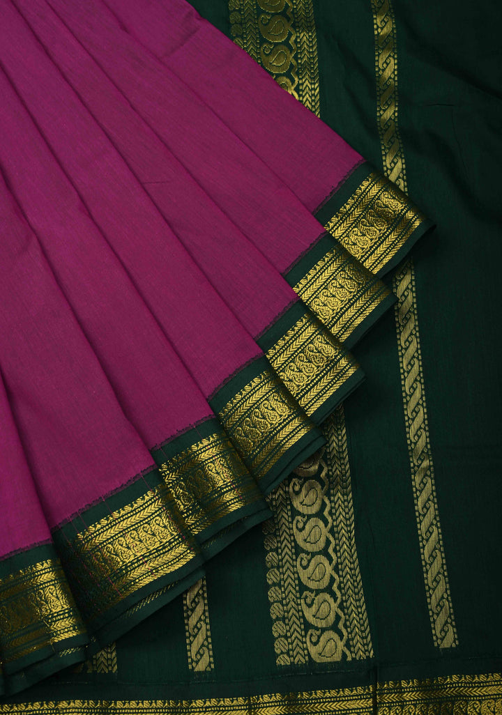 9 Yards Purple Cotton Silk Saree with Contrast Green Zari Borders, No Blouse Piece