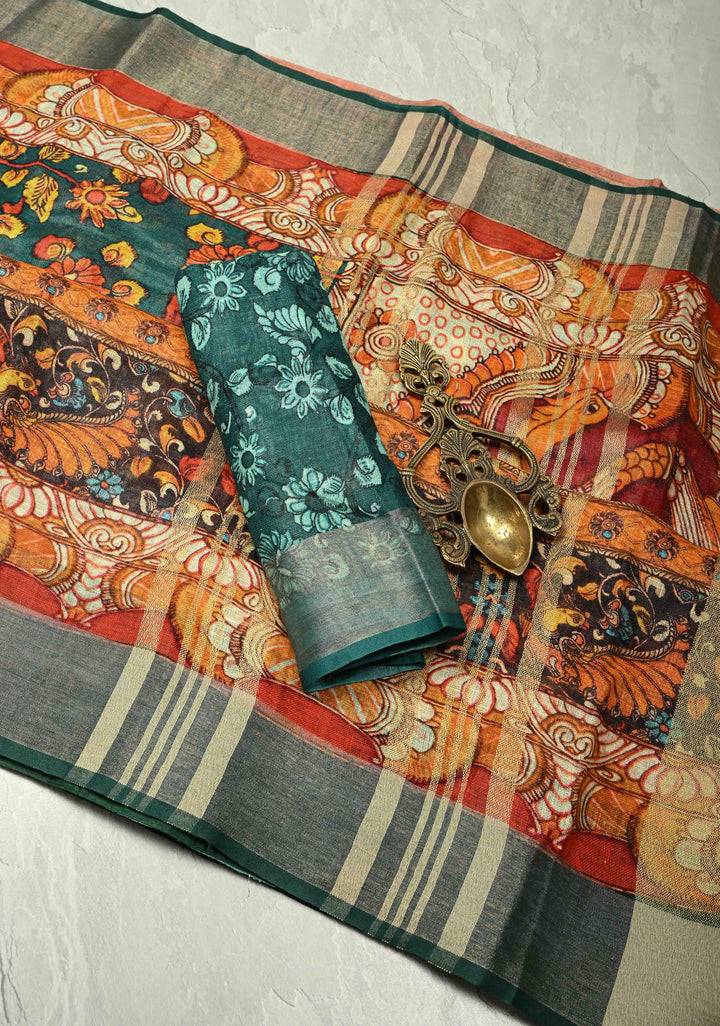 Teal Floral Kalamkari Digital Print on Linen Saree with Devi Motifs on Pallu and Tissue Border