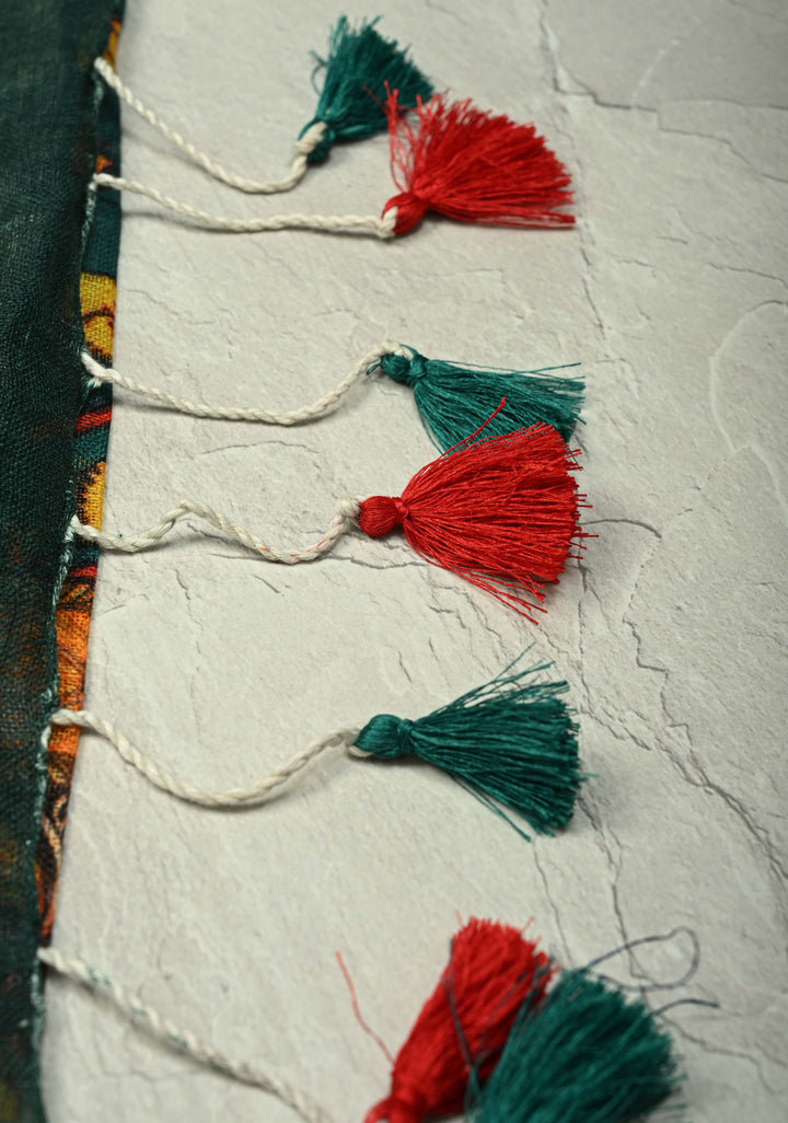 Teal Floral Kalamkari Digital Print on Linen Saree with Devi Motifs on Pallu and Tissue Border