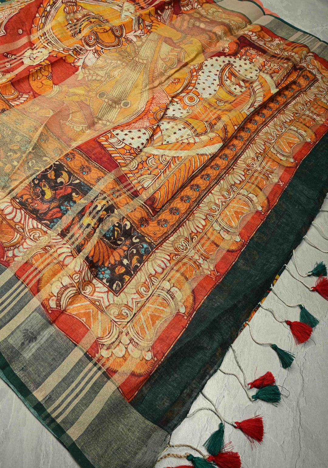 Teal Floral Kalamkari Digital Print on Linen Saree with Devi Motifs on Pallu and Tissue Border