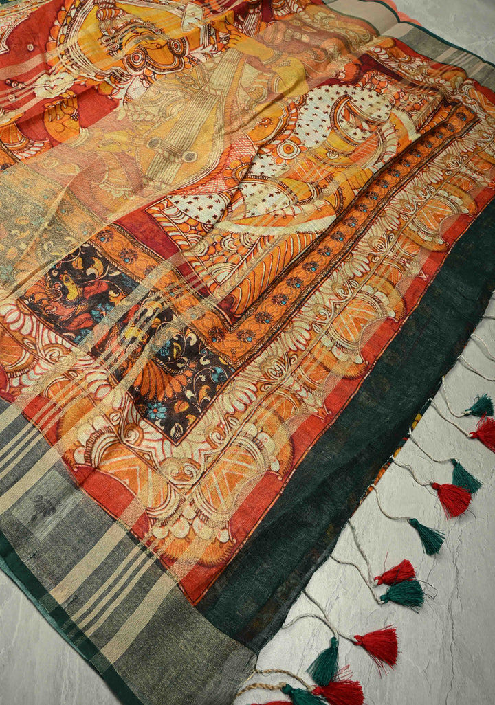 Teal Floral Kalamkari Digital Print on Linen Saree with Devi Motifs on Pallu and Tissue Border