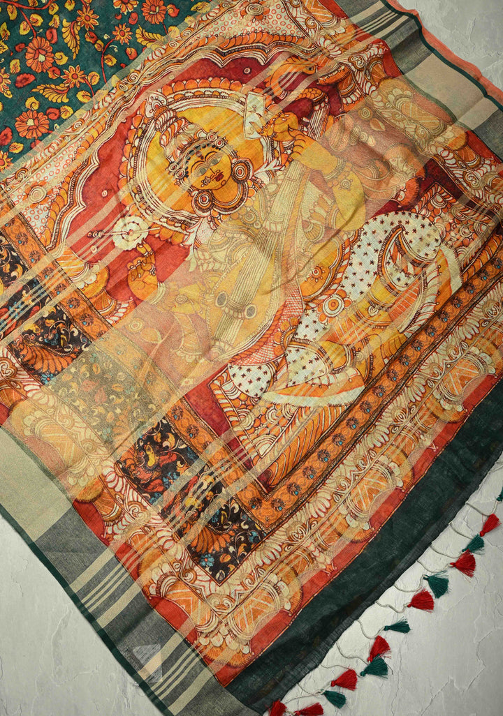 Teal Floral Kalamkari Digital Print on Linen Saree with Devi Motifs on Pallu and Tissue Border